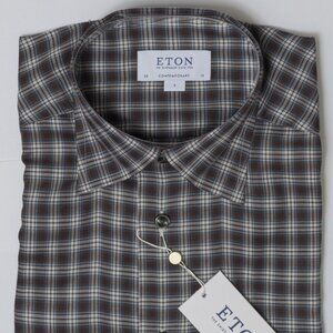 Eton Brown Blue Tartan-ish-plaid Dress Shirt, Siz 38/15 Contemporary, unworn NWT